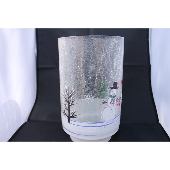 Clear Crackle Large Candle holder/Planter SNOWMAN COUPLE w/ Trees Hand painted - Picture 4 of 6